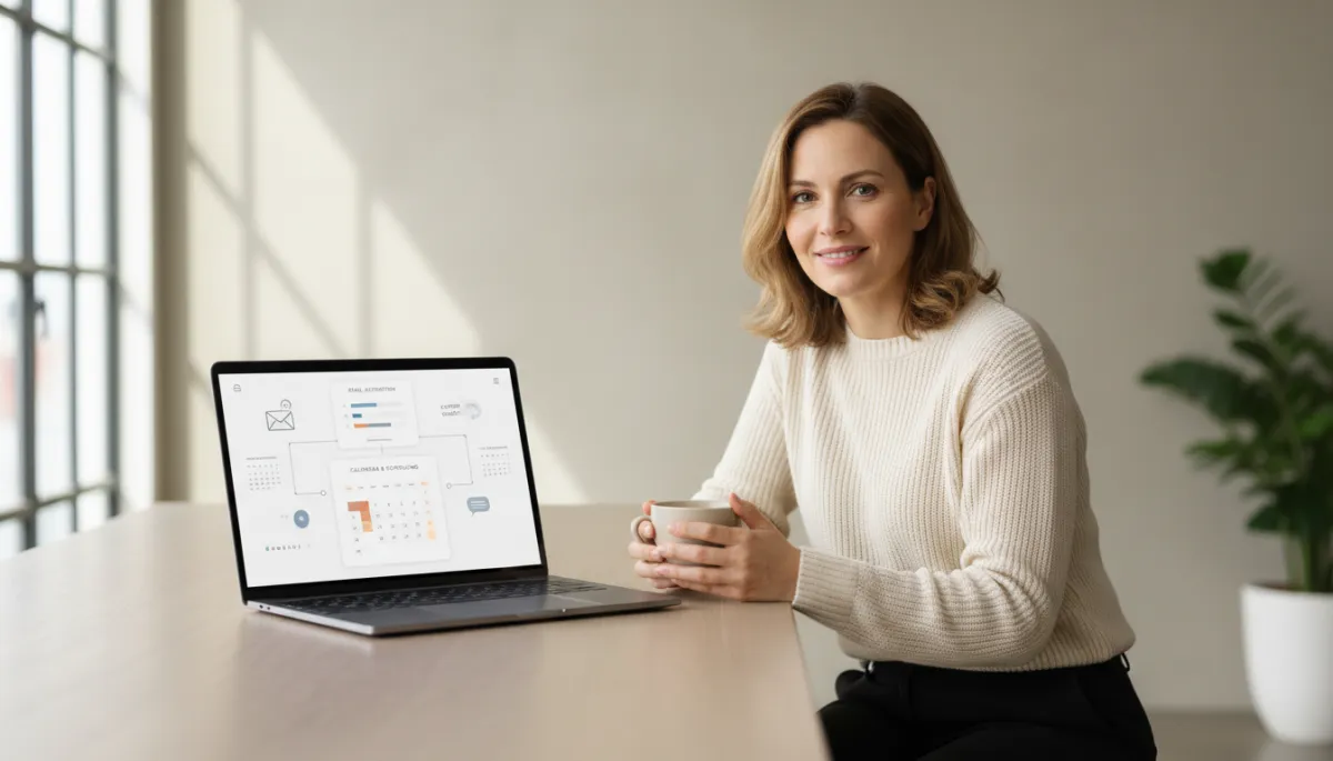 AI dashboard automating tasks while a relaxed business owner enjoys a break