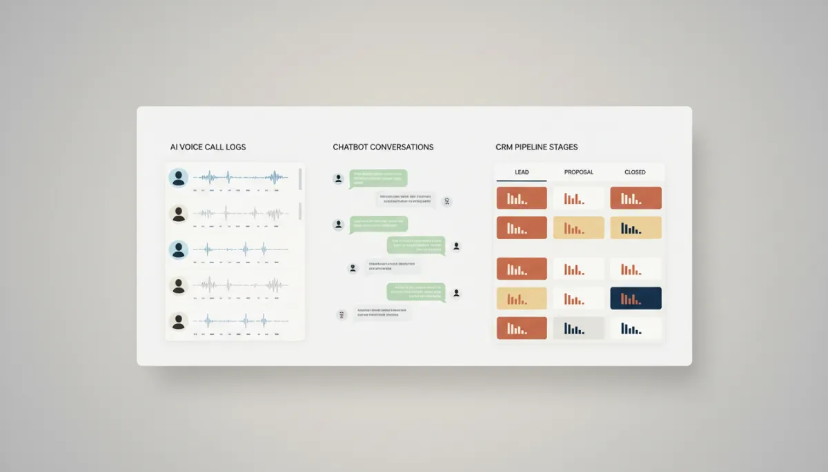 professional neutral-toned dashboard view showing AI voice call logs, chatbot conversations, and CRM pipeline stages integrated into one screen, professional style