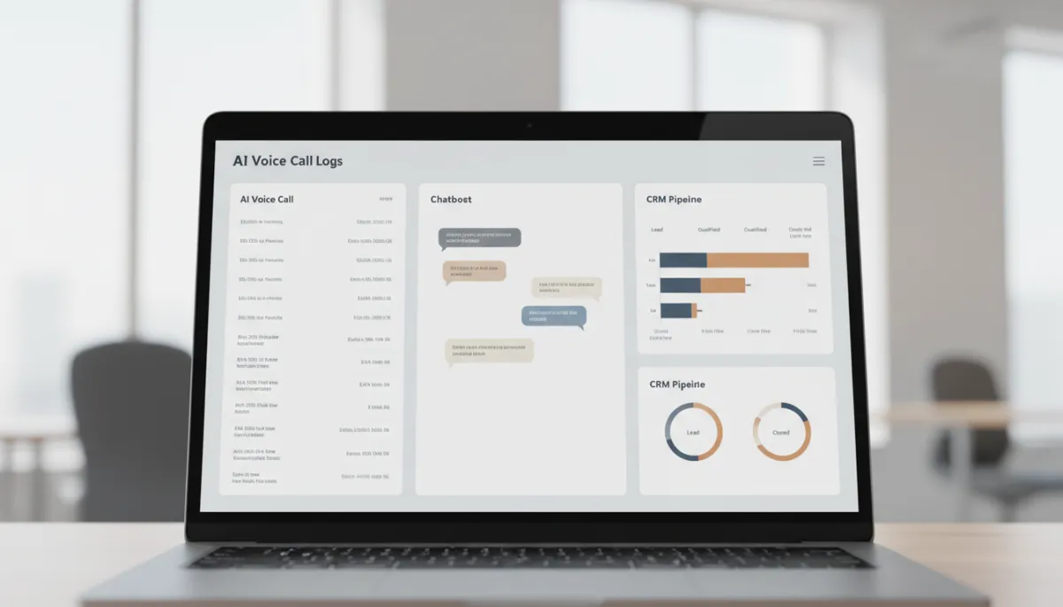 Dashboard showing AI voice agent calls, chatbot conversations, and CRM automation metrics