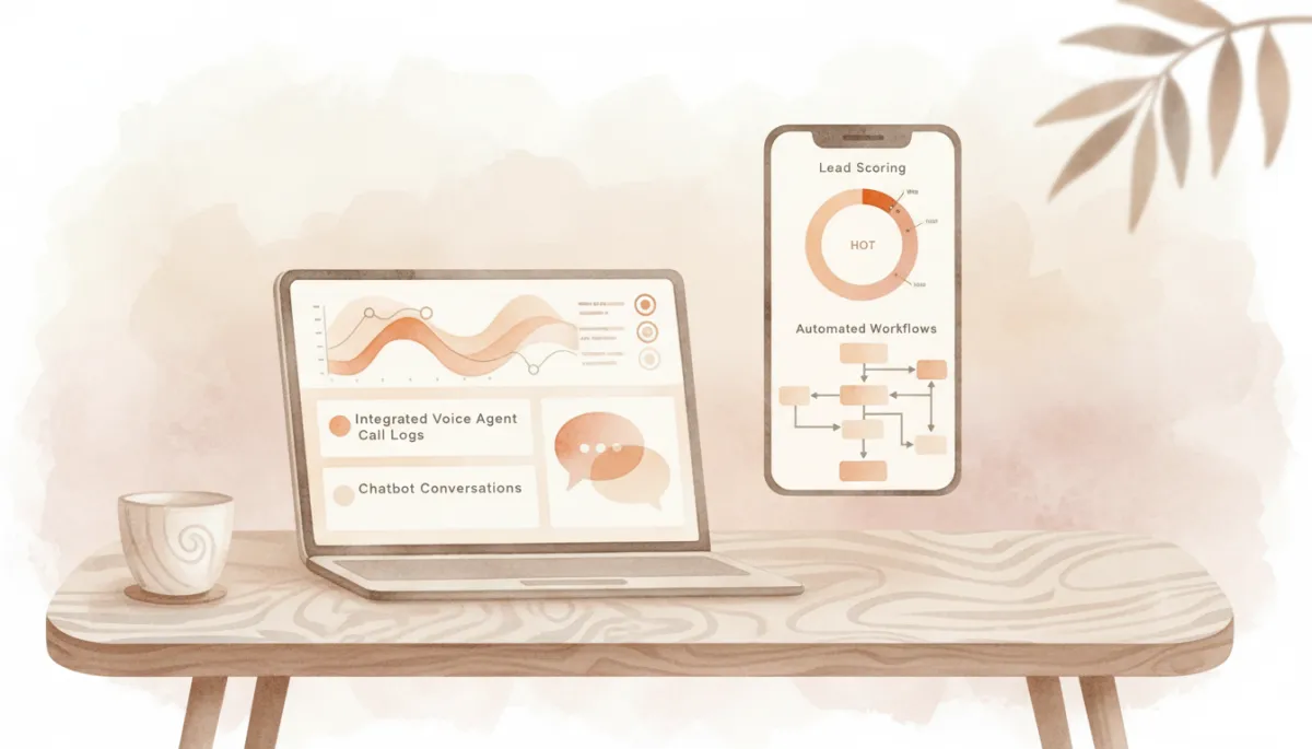 Dashboard of an AI-first CRM showing automation, voice, and chat integrations