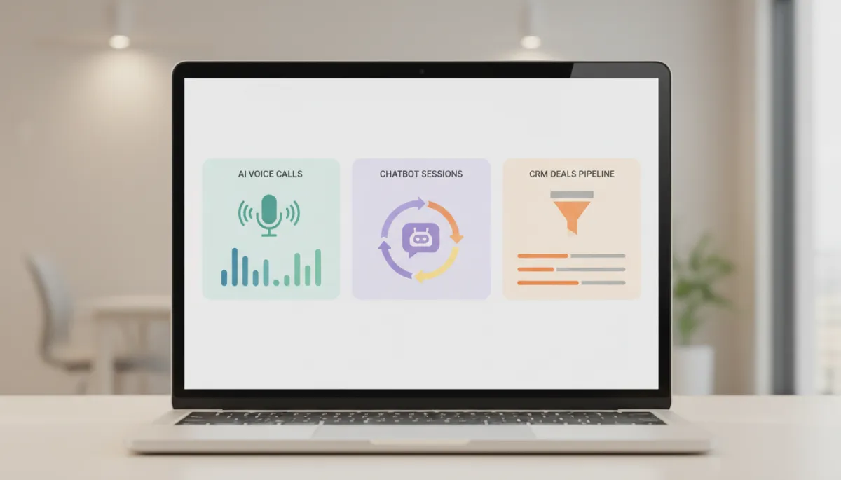 Unified AI automation dashboard showing calls, chats, and CRM pipeline