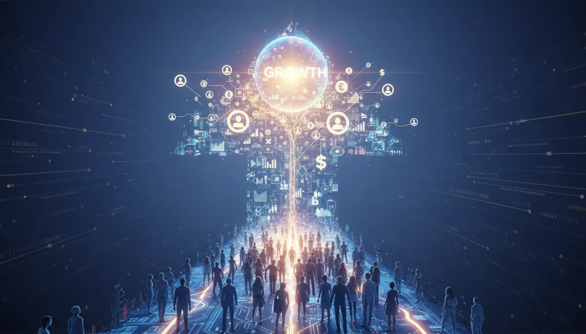 Dashboard showing AI-powered voice agents, chatbots, and CRM improving SME conversions