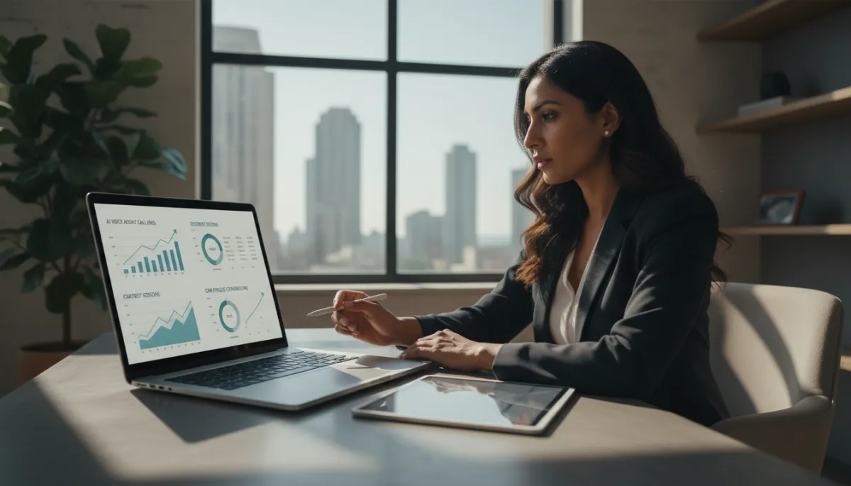 Business owner reviewing AI automation performance metrics on a laptop dashboard Business owner reviewing AI automation performance metrics on a laptop dashboard