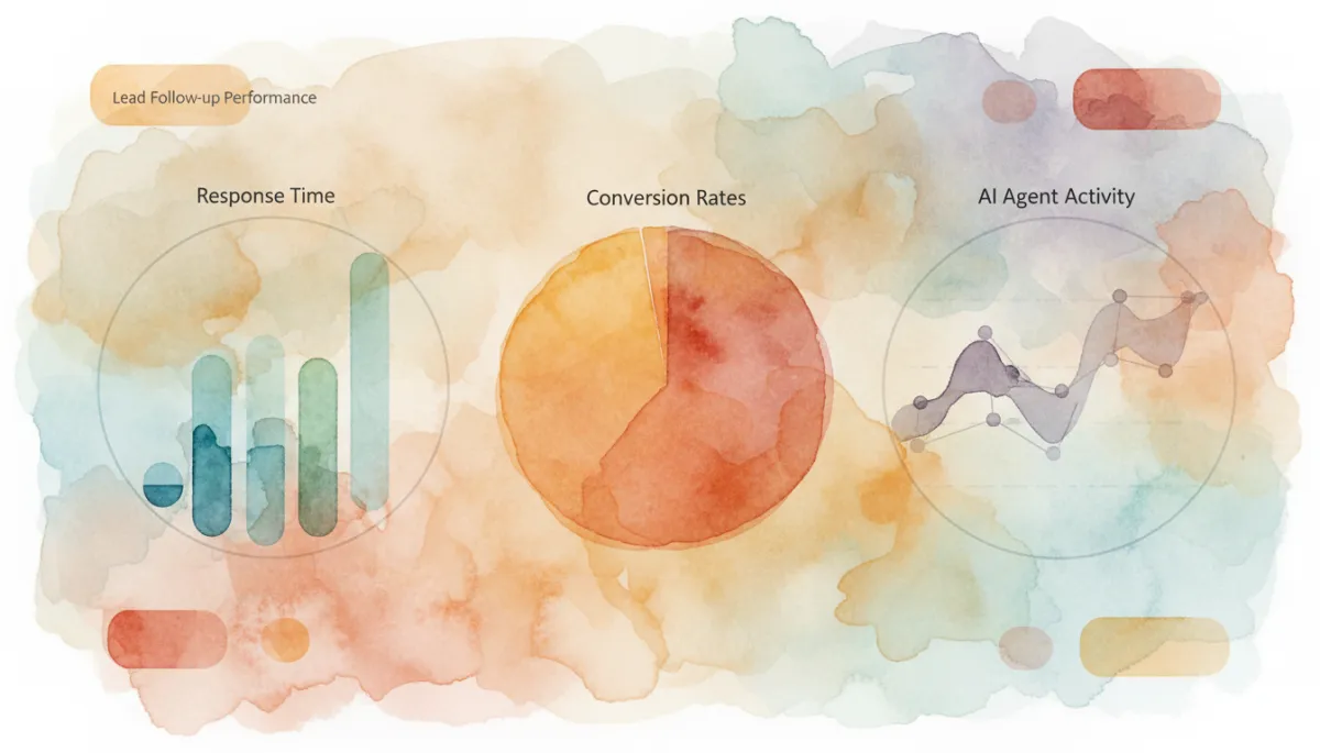 professional neutral-toned dashboard view showing AI CRM analytics for lead follow-up performance, charts of response time, conversion rates, and AI agent activity