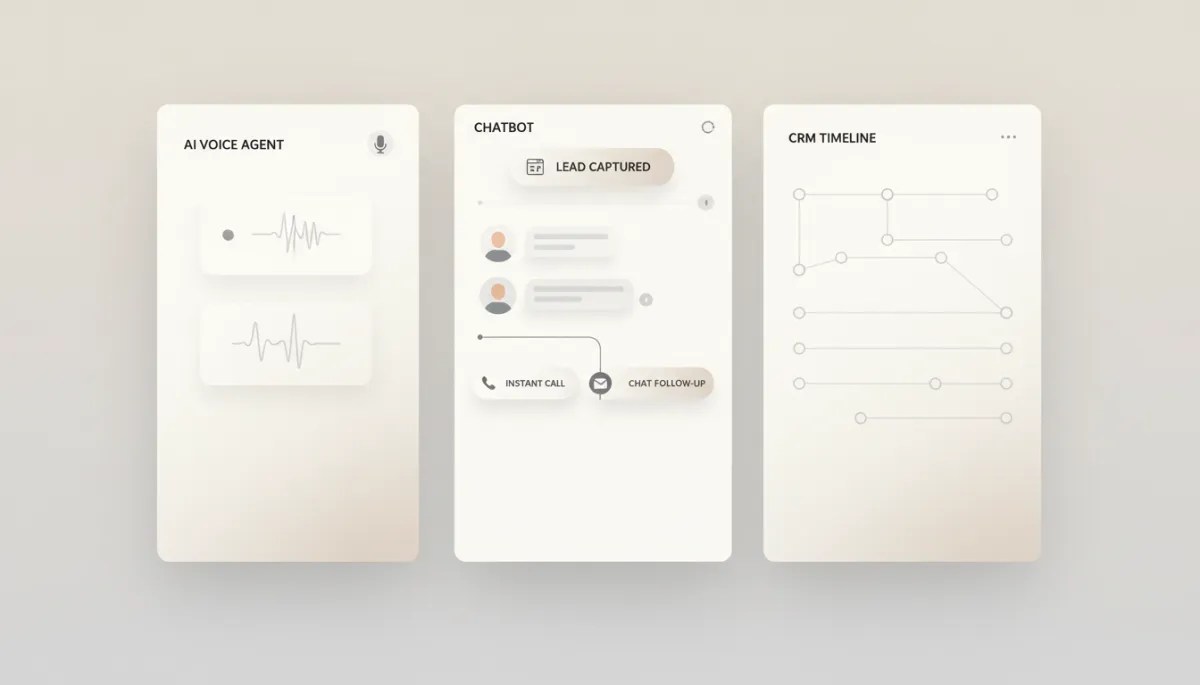 Unified dashboard showing AI voice agent, chatbot, and CRM handling a new lead
