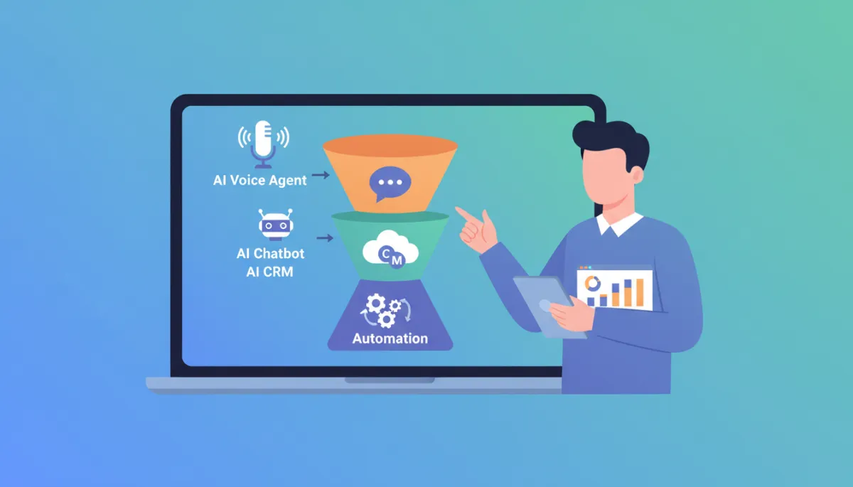 professional neutral-style diagram on a laptop screen showing a sales funnel with AI voice agent, AI chatbot, AI CRM, and automation icons at each stage while a business owner reviews performance metrics