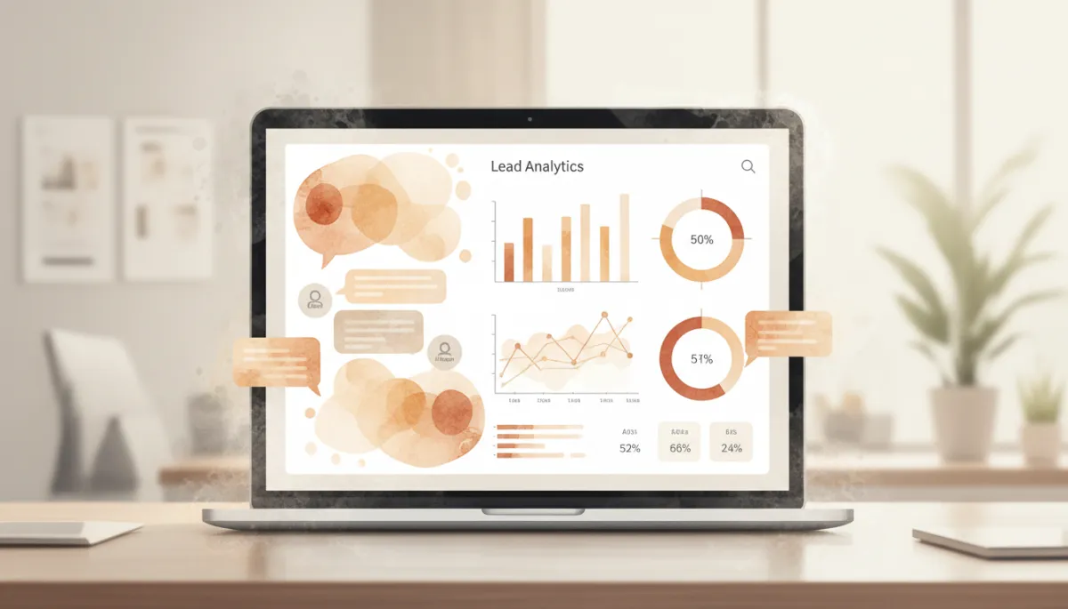professional neutral-toned dashboard view showing an AI chatbot conversation on the left and lead analytics and conversion metrics on the right, clean interface on a laptop in a modern office professional neutral-toned dashboard view showing an AI chatbot conversation on the left and lead analytics and conversion metrics on the right, clean interface on a laptop in a modern office