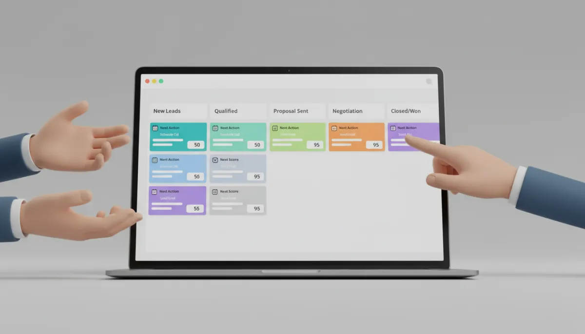professional neutral-toned close-up of a laptop screen showing an AI-powered CRM pipeline with colored stages, next actions, and lead scores, with a salesperson pointing at the screen during a discussion