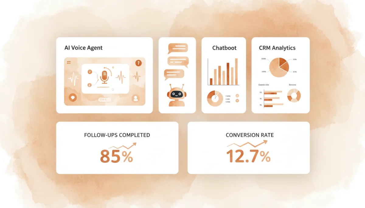 Dashboard showing integrated AI voice, chatbot, and CRM follow-up performance