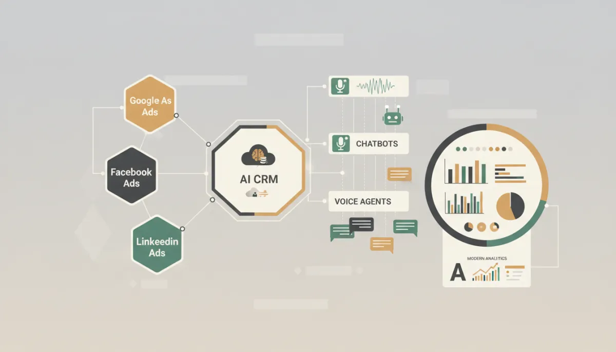 Unified dashboard showing ads feeding into AI CRM, voice agents, and chatbots Unified dashboard showing ads feeding into AI CRM, voice agents, and chatbots