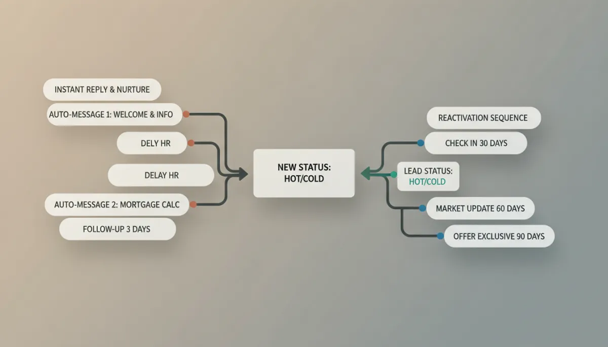 professional neutral-colored dashboard mockup showing a WhatsApp automation flow for real estate leads with branches for instant reply nurture and reactivation sequences