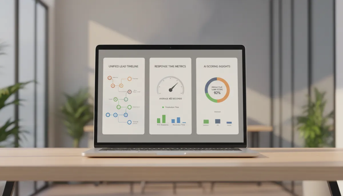 Unified AI CRM dashboard displaying lead activity, response times, and AI-based scores