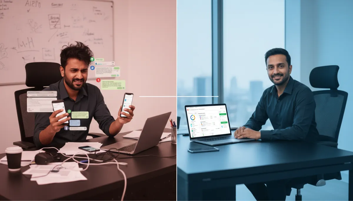 Comparison of manual WhatsApp chaos vs automated CRM dashboard