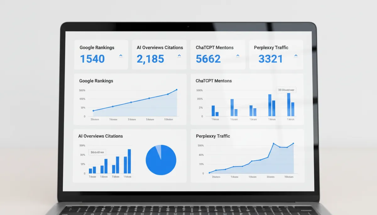 Dashboard tracking SEO rankings and AI search visibility metrics