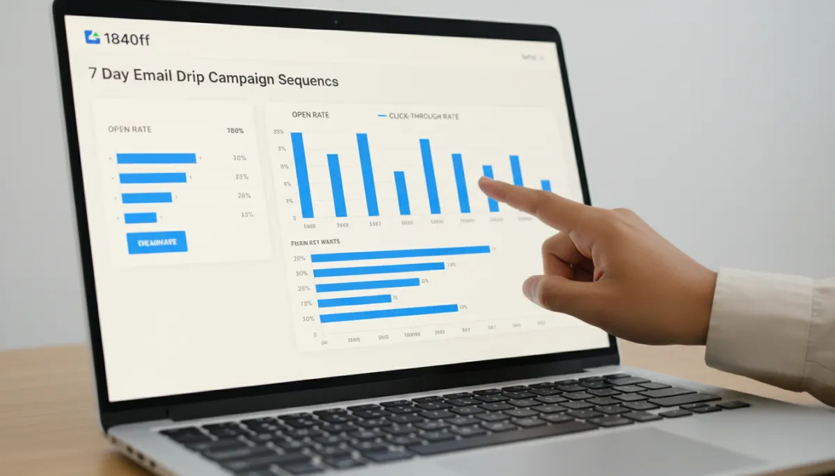 Email drip campaign dashboard showing 7-day educational sequence performance