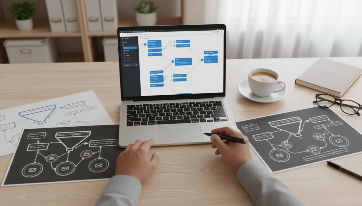 Indian SME owner planning lead nurturing workflows with CRM on laptop and diagrams on desk