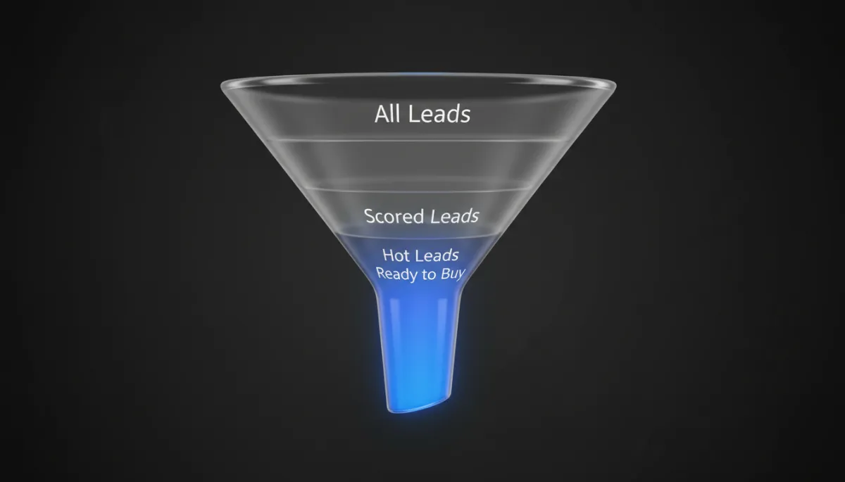 AI predictive lead scoring funnel showing how leads are filtered and prioritised by purchase probability AI predictive lead scoring funnel showing how leads are filtered and prioritised by purchase probability