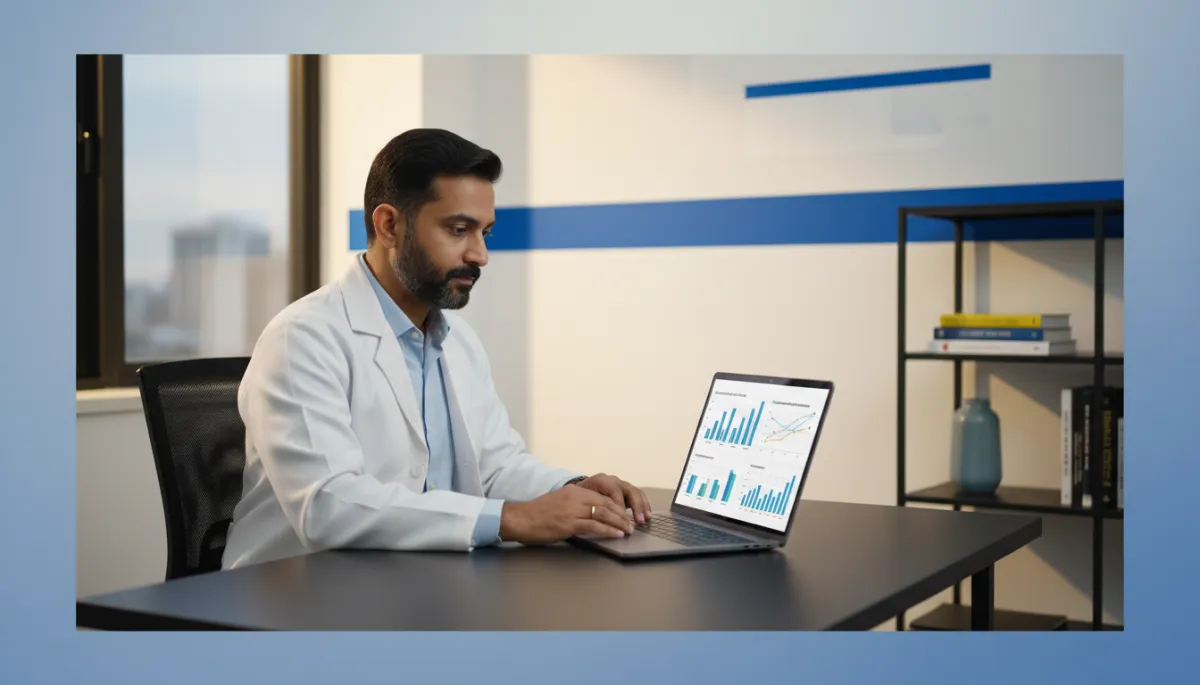 Indian doctor reviewing AI-powered healthcare marketing analytics showing improved patient appointment rates