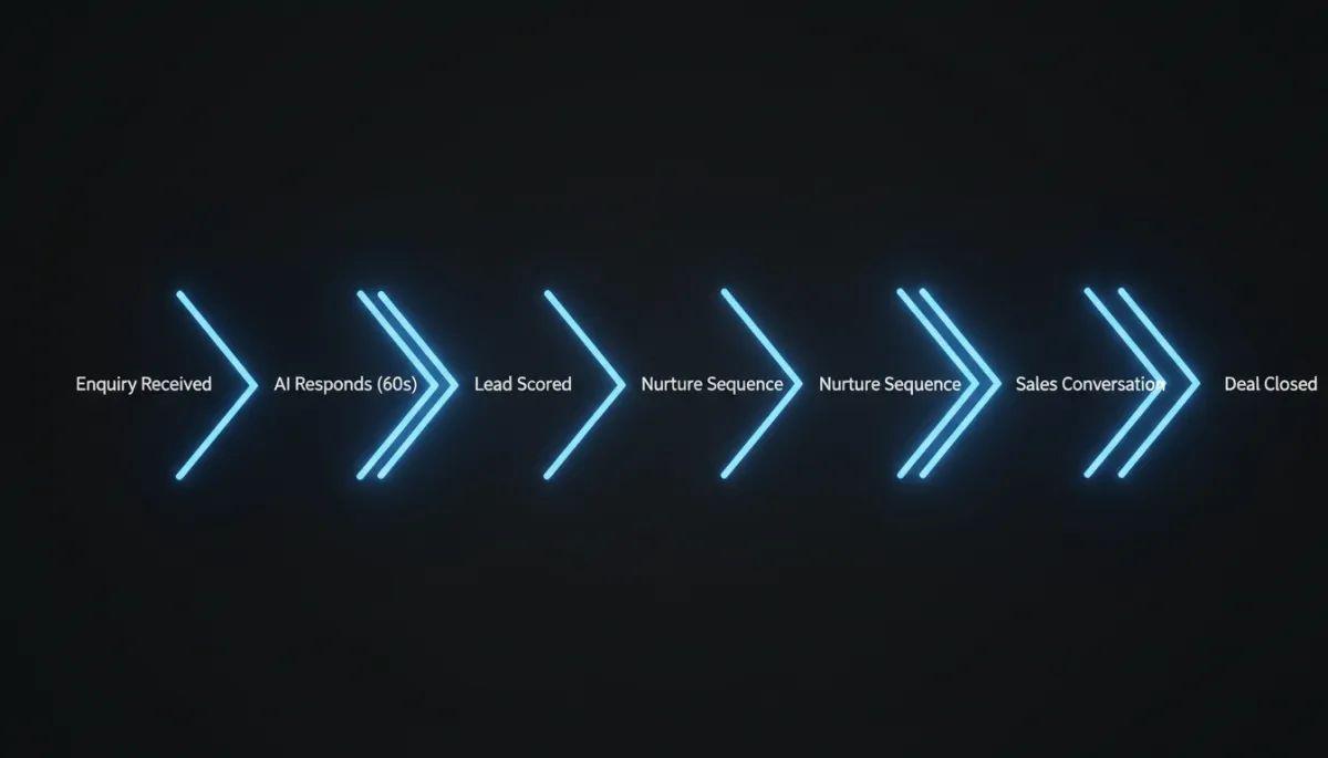 AI lead generation flow for UK small businesses showing automated journey from enquiry to closed deal