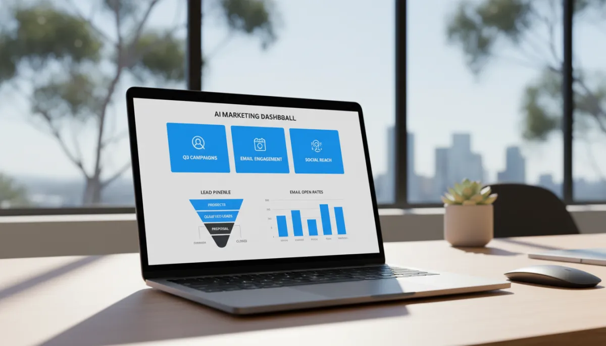 AI marketing dashboard for Australian SME showing campaign ROI, lead scores, and automated email performance