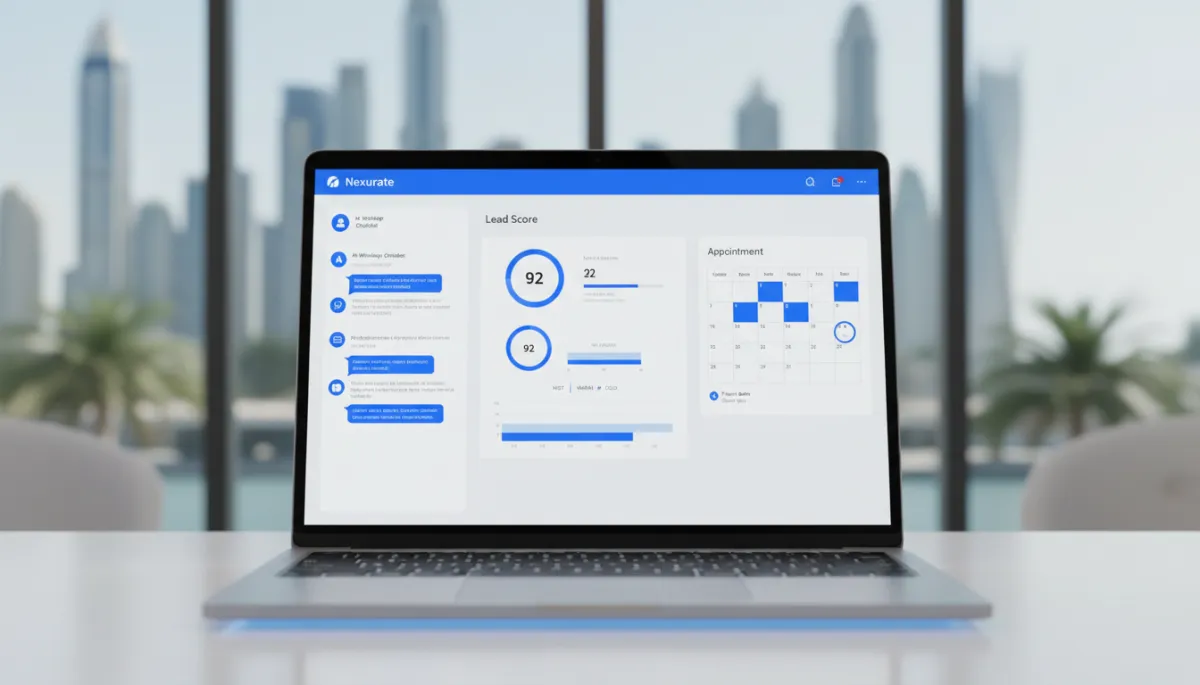 Nexurate CRM dashboard showing AI chatbot conversations and lead management for a Dubai business