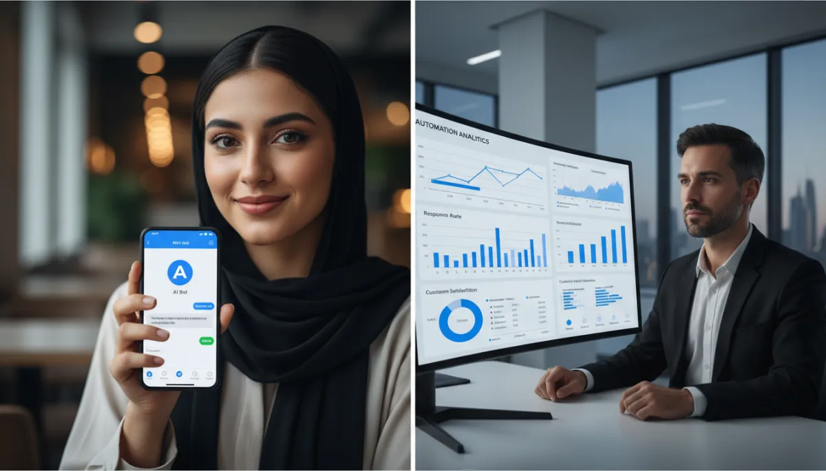 Customer chatting with a WhatsApp AI chatbot while a manager monitors automation analytics