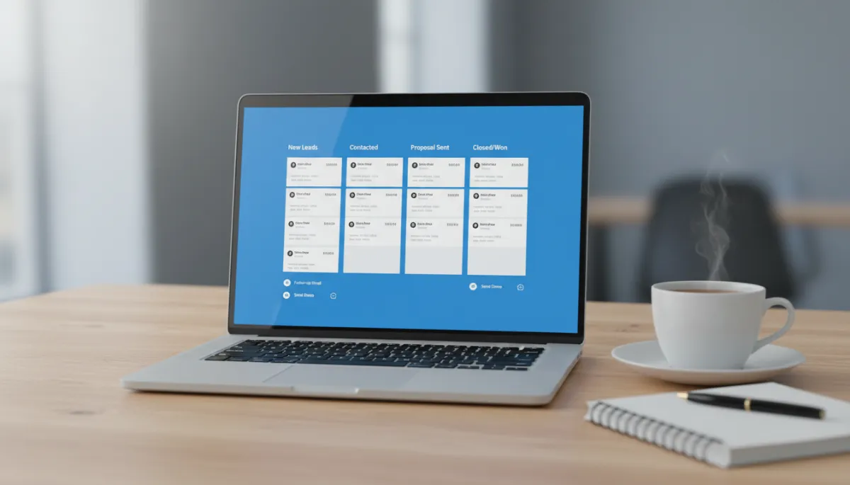 Laptop displaying CRM automation pipeline and tasks for a UK SME