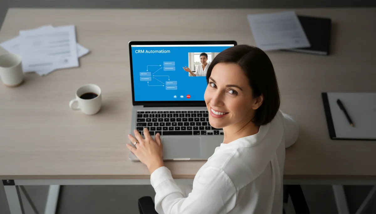 Small business owner on a strategy session call reviewing an AI CRM workflow
