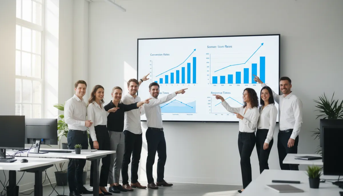 American small business team reviewing improved conversion metrics after AI automation