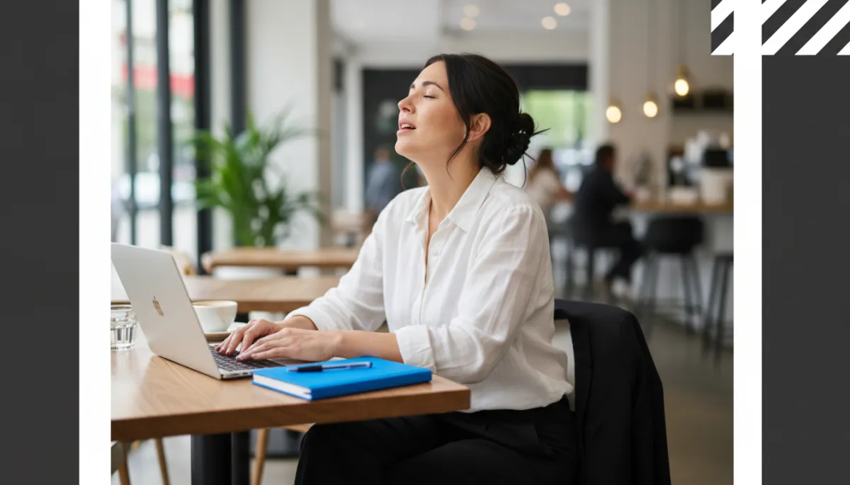 photorealistic scene of an Adelaide professional services owner relaxing at a café table with laptop closed and vivid blue #1840ff notebook, looking relieved after finishing a four-week marketing automation setup
