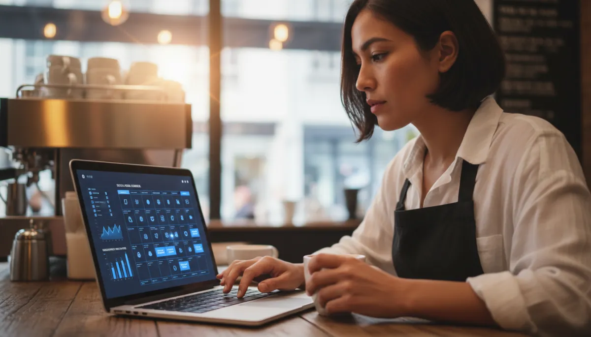 photorealistic close-up of a female café owner in Melbourne scheduling social media posts on a laptop showing vivid blue #1840ff analytics and content calendar, coffee machine blurred in background