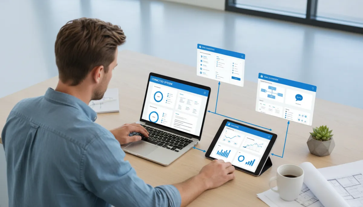 photorealistic overhead view of a Brisbane trades business owner at a desk with tablet and laptop showing vivid blue #1840ff CRM, email automation, chatbot and analytics dashboards connected in one marketing system