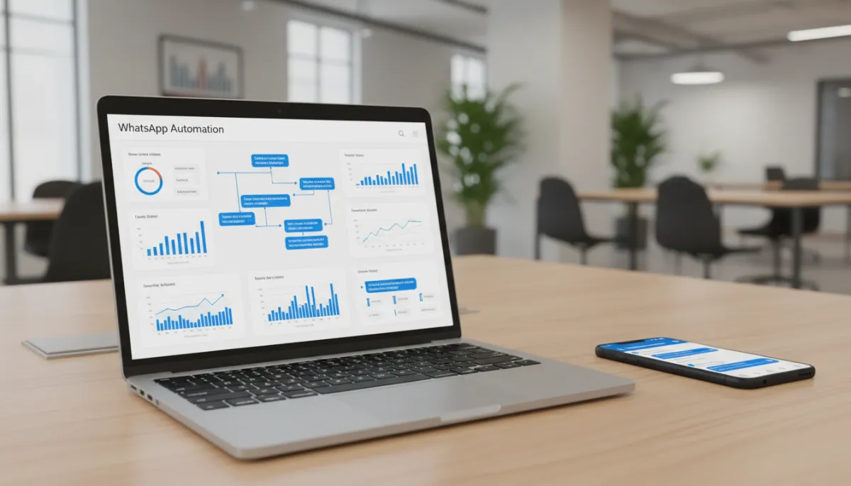 Laptop showing WhatsApp automation dashboard alongside active WhatsApp chat on smartphone
