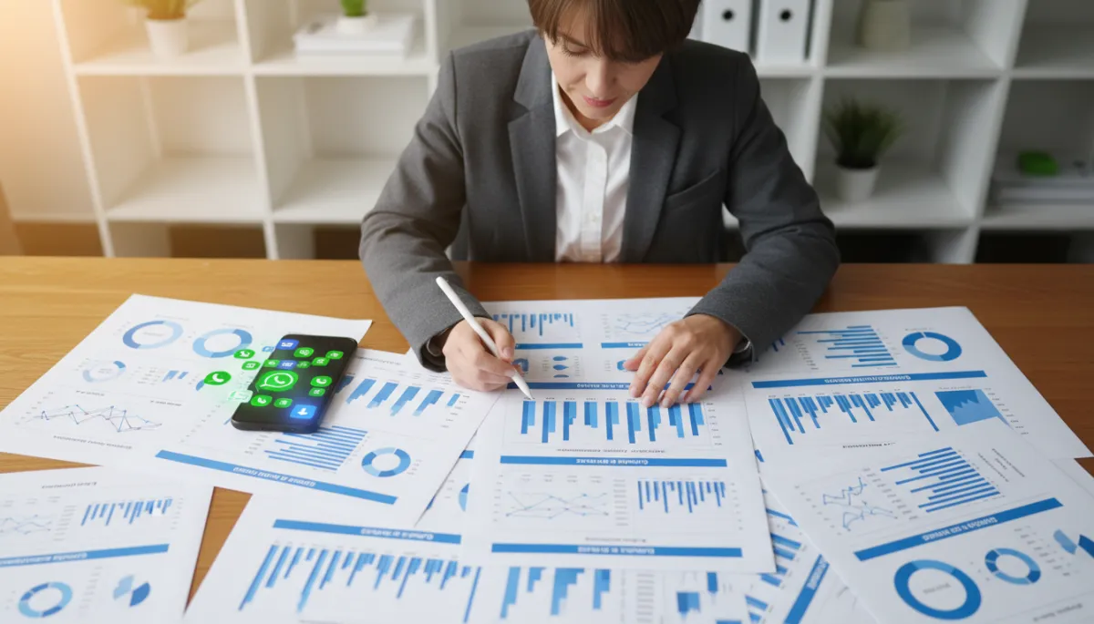 UK business owner reviewing printed WhatsApp campaign performance reports at a desk