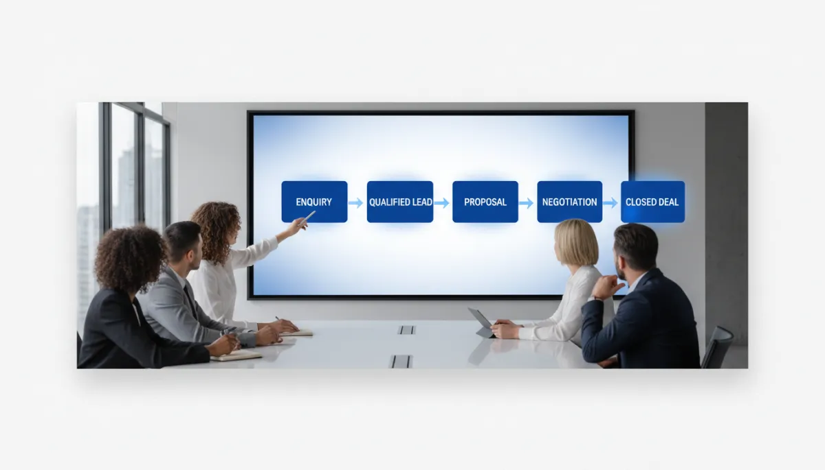 UK sales team reviewing a WhatsApp-based sales funnel on a large screen