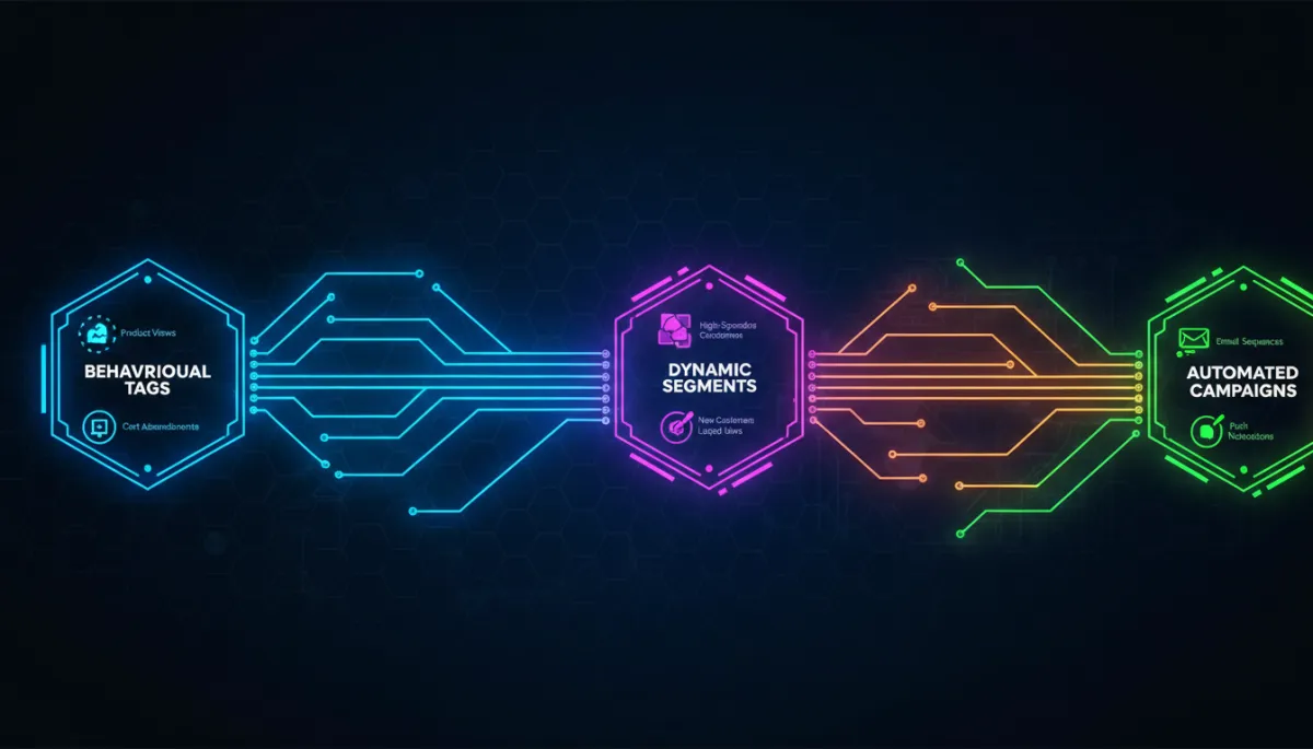 professional dark tech style visual of an e-commerce CRM pipeline with nodes for behavioural tags, dynamic segments, and automated campaigns connected by glowing neon lines