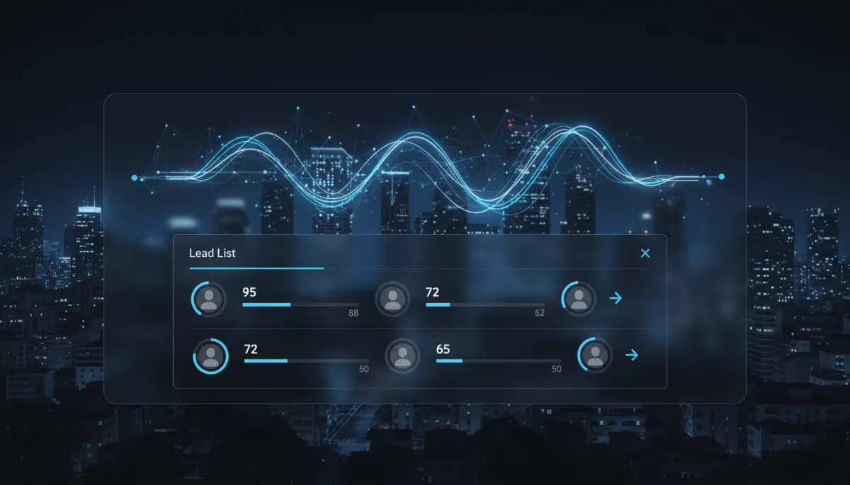 Real estate CRM dashboard with AI-scored leads flowing through a blue pipeline over a night city skyline