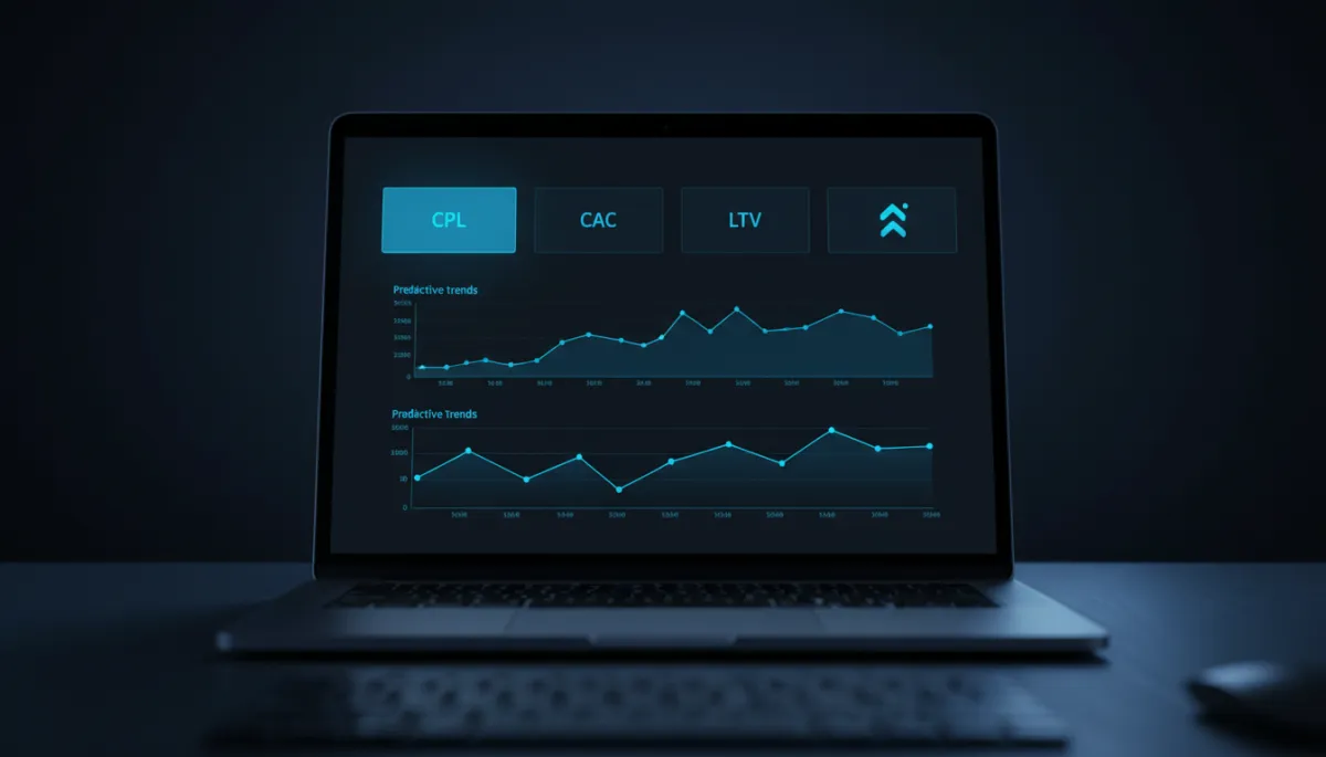 Professional dark analytics dashboard with vivid blue glowing marketing KPIs