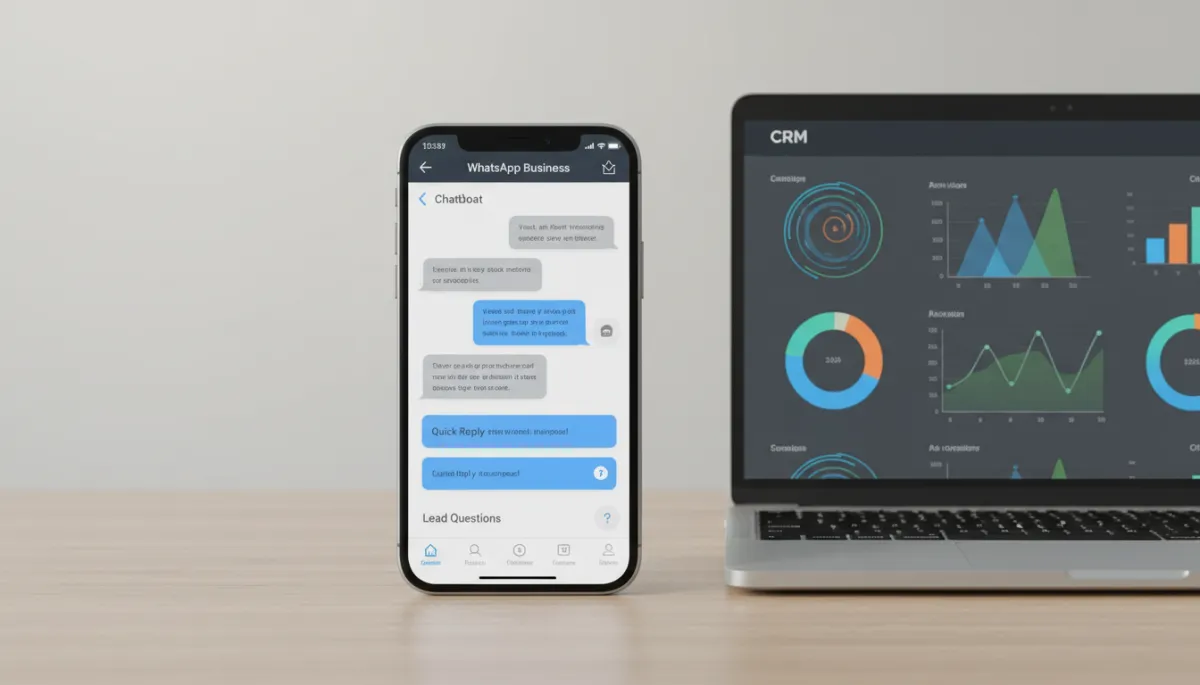 Smartphone displaying a WhatsApp business chatbot conversation next to CRM dashboard