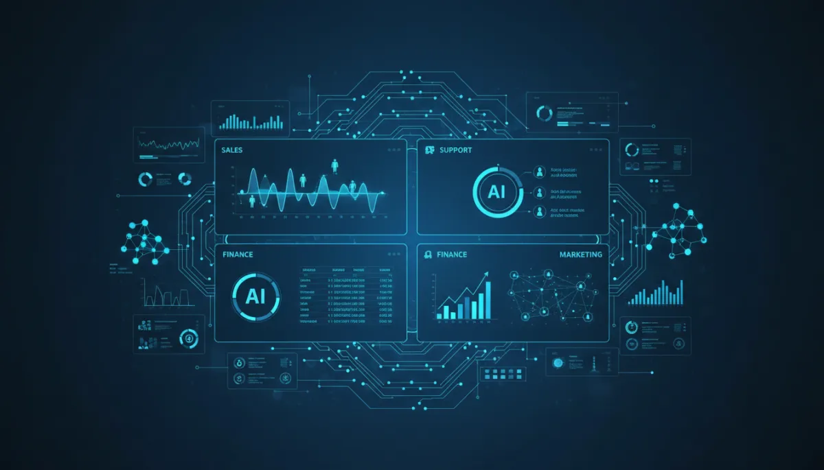 dark electric blue tech photorealistic dashboard showing multiple AI agents handling sales, support, finance and marketing tasks simultaneously, with glowing workflow graphs and status indicators