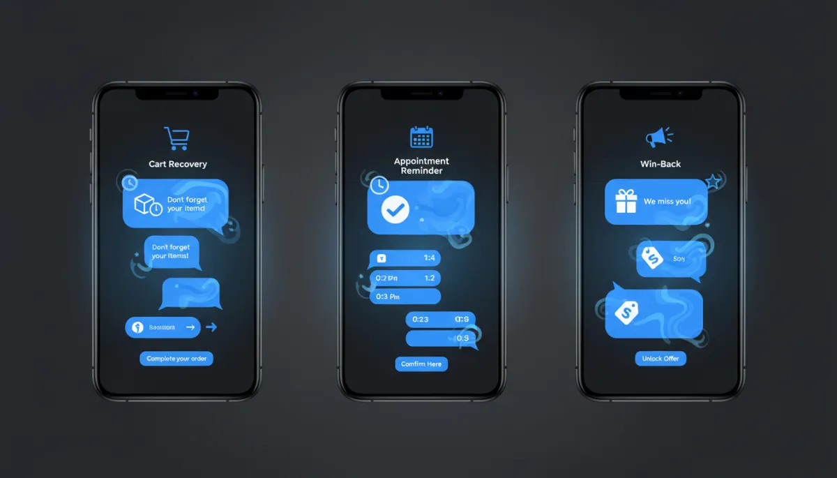 Three smartphones showing different AI-personalised SMS automation flows in electric blue on dark background