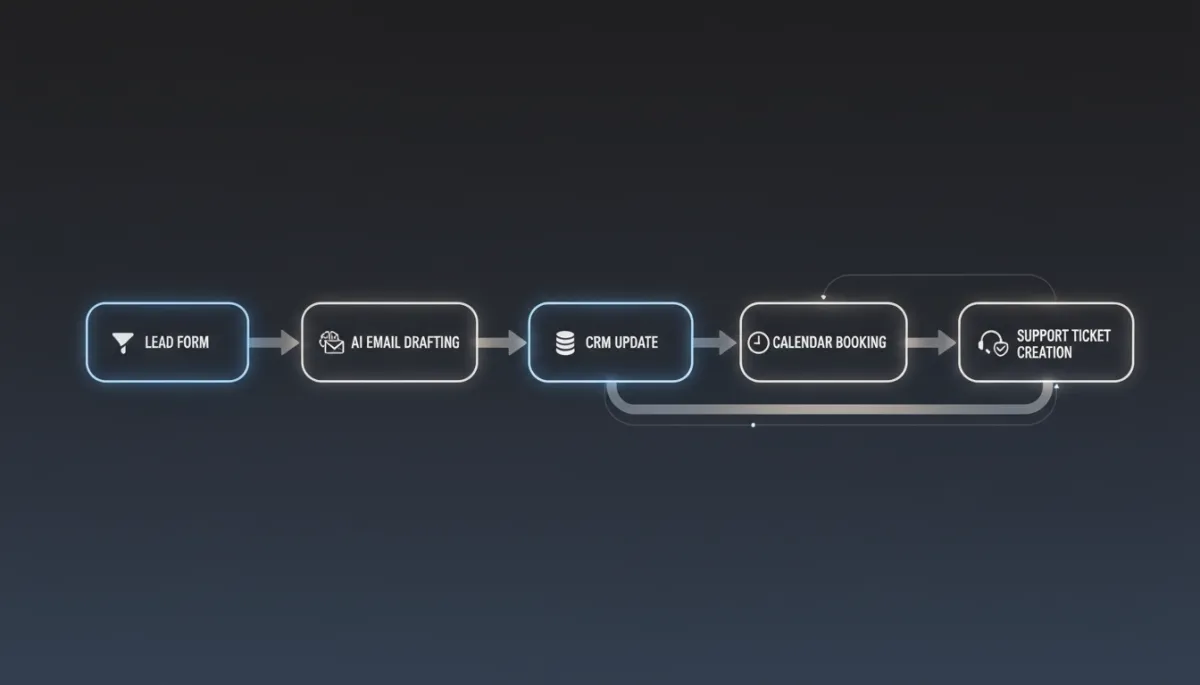 Dark no-code workflow builder showing an end-to-end business automation path