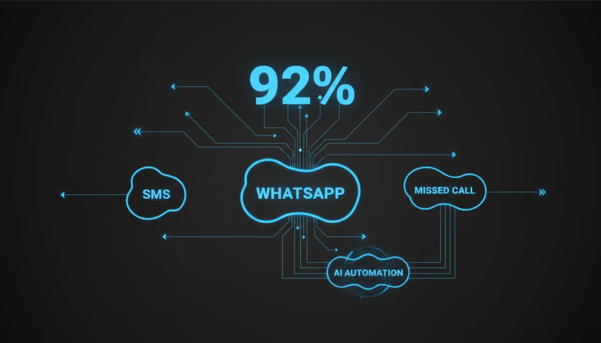 Visual workflow of AI finance automation connecting WhatsApp, SMS, and missed call text back in a dark tech aesthetic Visual workflow of AI finance automation connecting WhatsApp, SMS, and missed call text back in a dark tech aesthetic