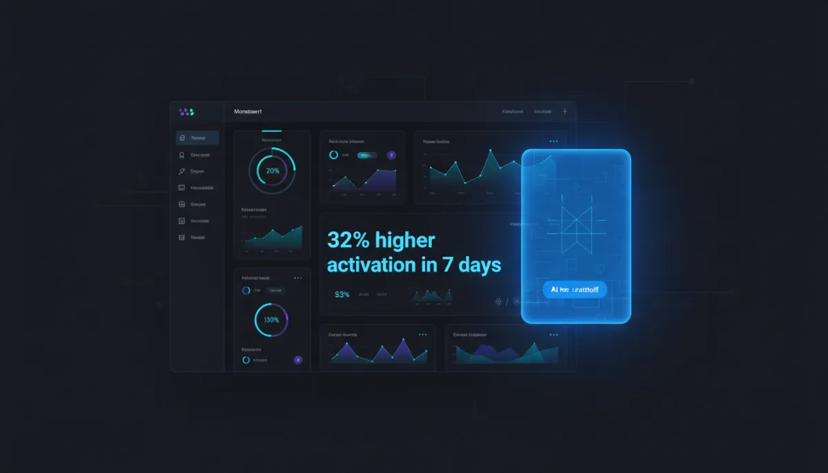 SaaS dashboard with glowing AI chatbot panel highlighting activation uplift