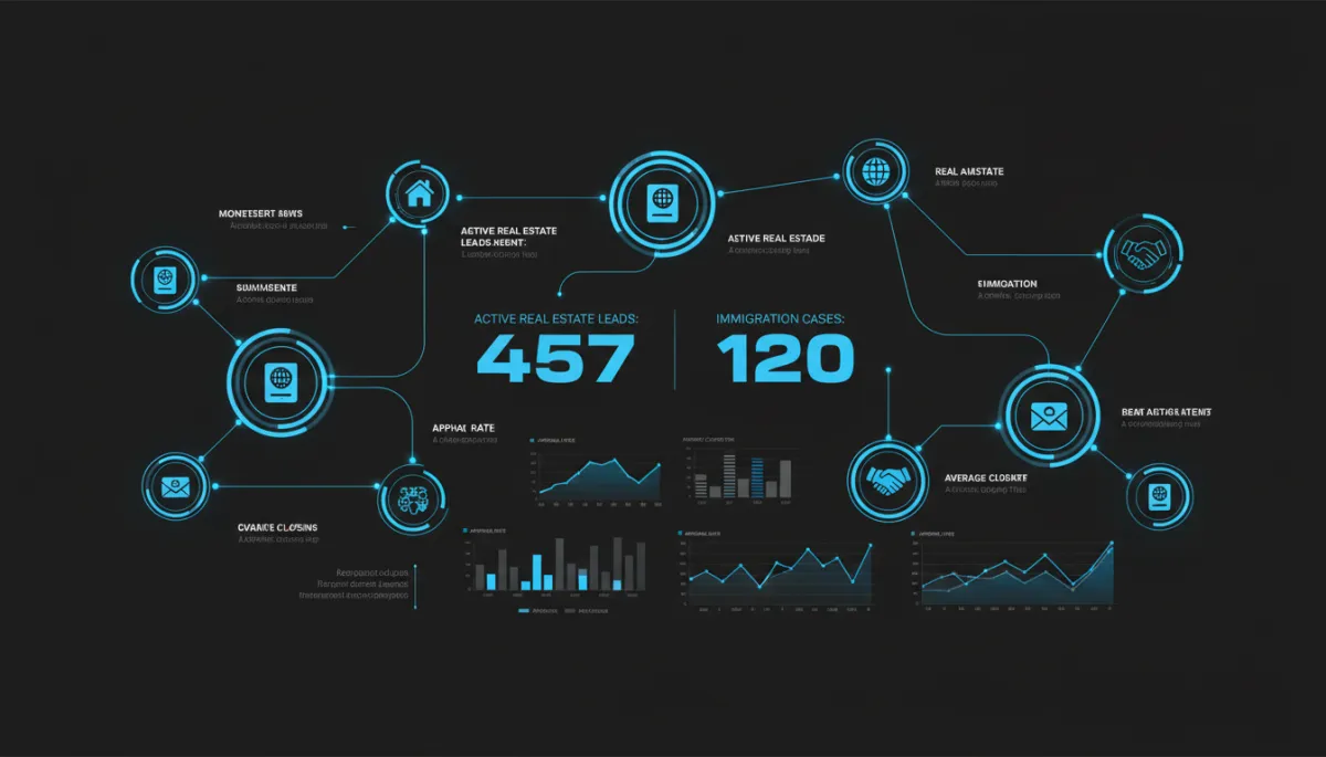 Dark tech CRM dashboard visualizing multi-agent AI automating customer workflows