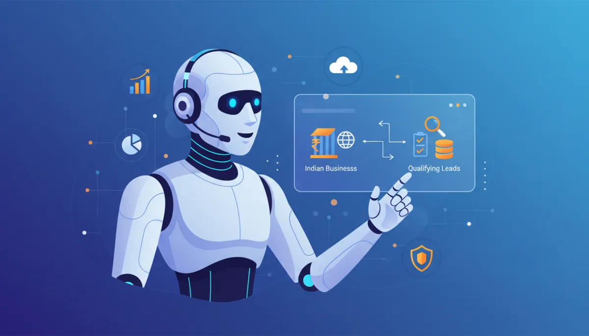 Image of a virtual assistant or AI robot qualifying a sales lead, with CRM and data icons. SEO alt text: 'AI voice agent qualifying leads for Indian businesses.' Image of a virtual assistant or AI robot qualifying a sales lead, with CRM and data icons. SEO alt text: 'AI voice agent qualifying leads for Indian businesses.'