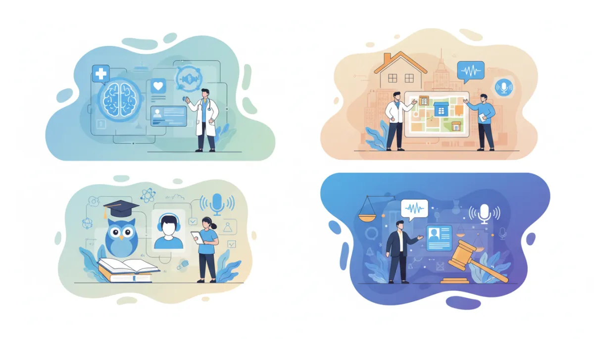 Collage or icons representing healthcare, real estate, education, and legal sectors, each with an AI voice agent element. SEO alt text: 'Industry applications of voice AI in India.' Collage or icons representing healthcare, real estate, education, and legal sectors, each with an AI voice agent element. SEO alt text: 'Industry applications of voice AI in India.'