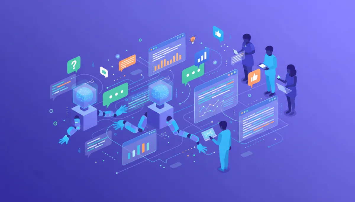 A modern illustration of AI agents engaging with website visitors through chat bubbles and digital interfaces, symbolizing proactive digital marketing.