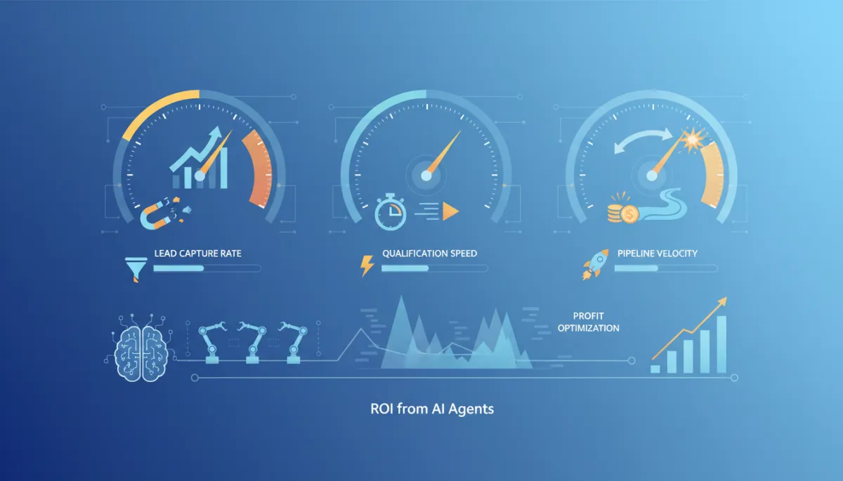 An infographic dashboard displaying metrics like lead capture rate, qualification speed, and pipeline velocity to represent measuring ROI from AI agents.