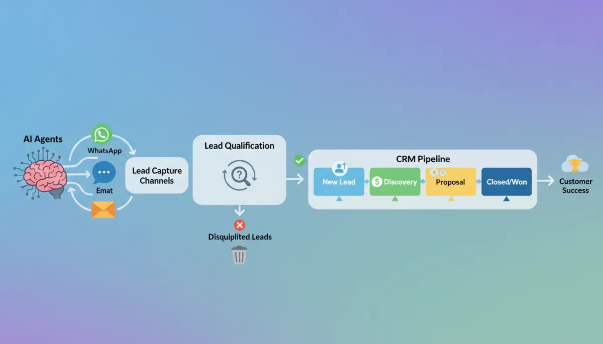 A diagram depicting AI agents qualifying leads and routing them through CRM systems, with icons representing WhatsApp, chat, email, and sales pipeline stages.